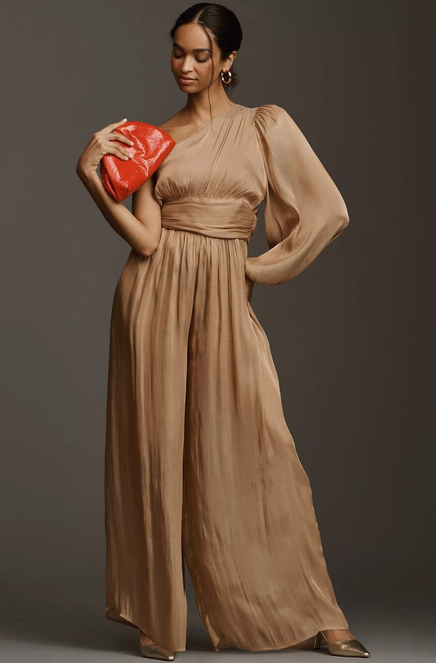 NWT Anthropologie One-Shoulder Metallic Tan Jumpsuit - Size 4